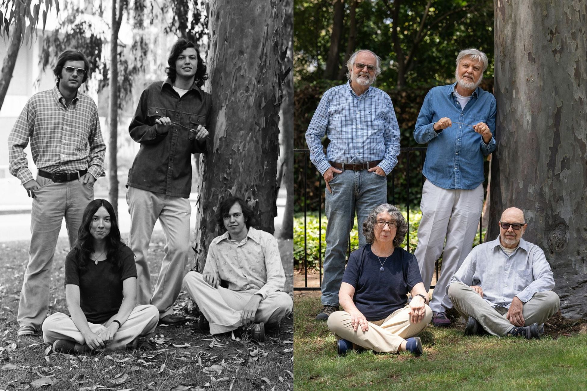 On left, black and white photo of a group of young people smiling and posing in front of a tree. On right, photo in color of same group of people at older age smiling and posing in front of tree.