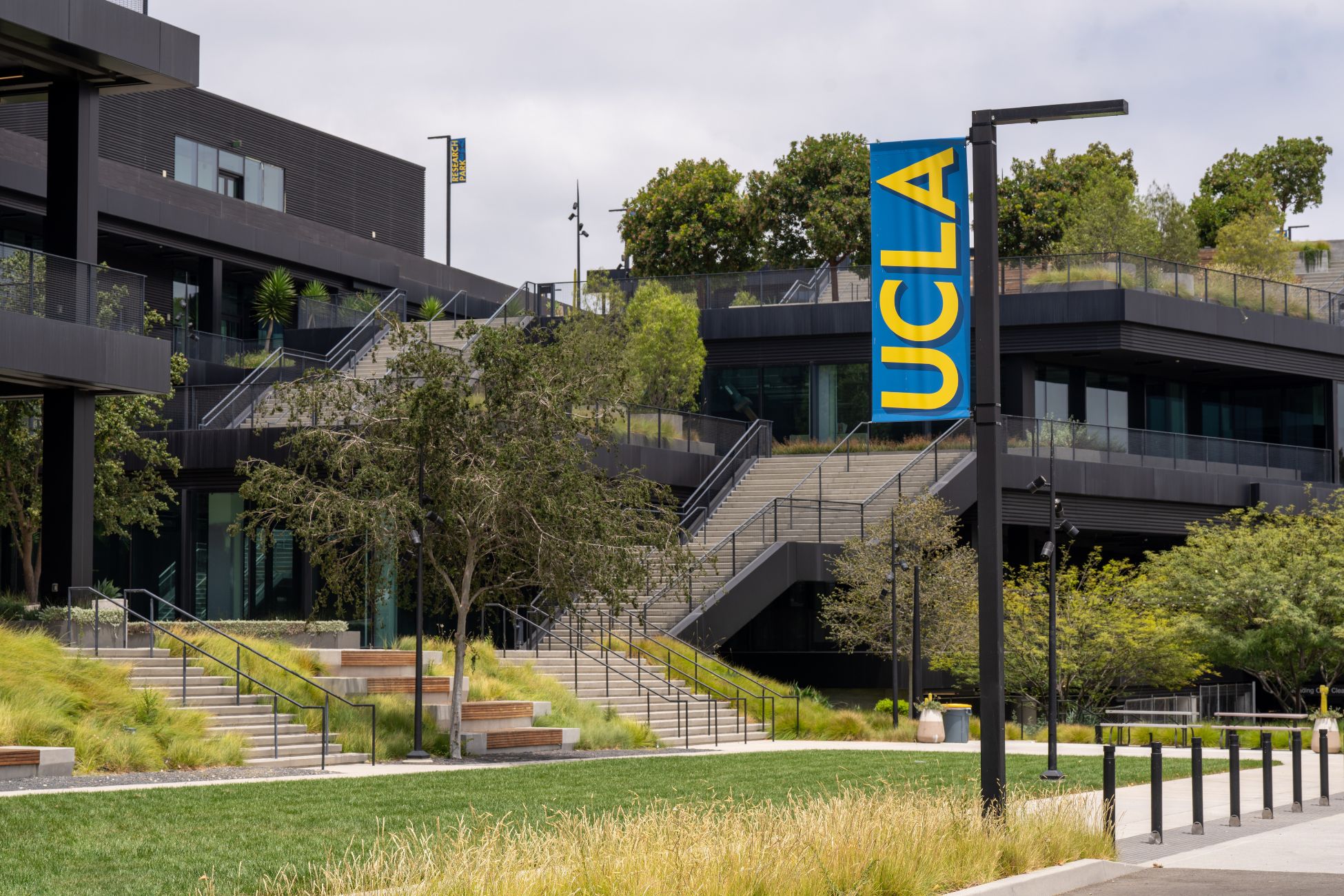 Modern UCLA campus scene with contemporary buildings, lush greenery, and a UCLA banner