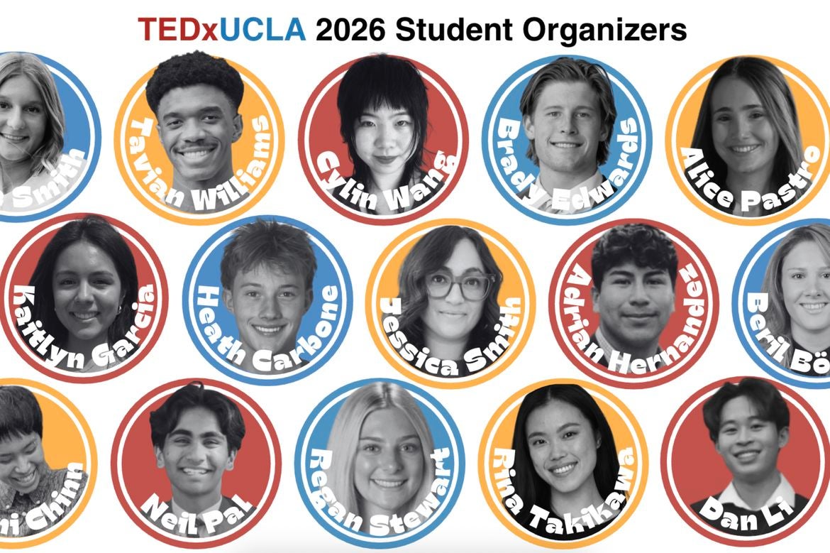 Collage of UCLA students selected as TEDxUCLA 2026 organizers, shown in circular portrait frames with colorful backgrounds and their names displayed alongside the TEDxUCLA logo.