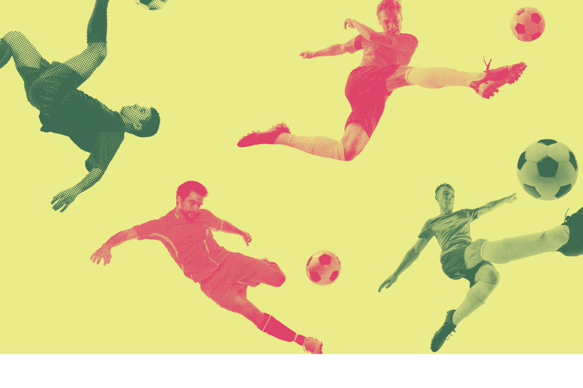Decorative illustration of four soccer players kicking soccer balls, in pink and green tones on a yellow background