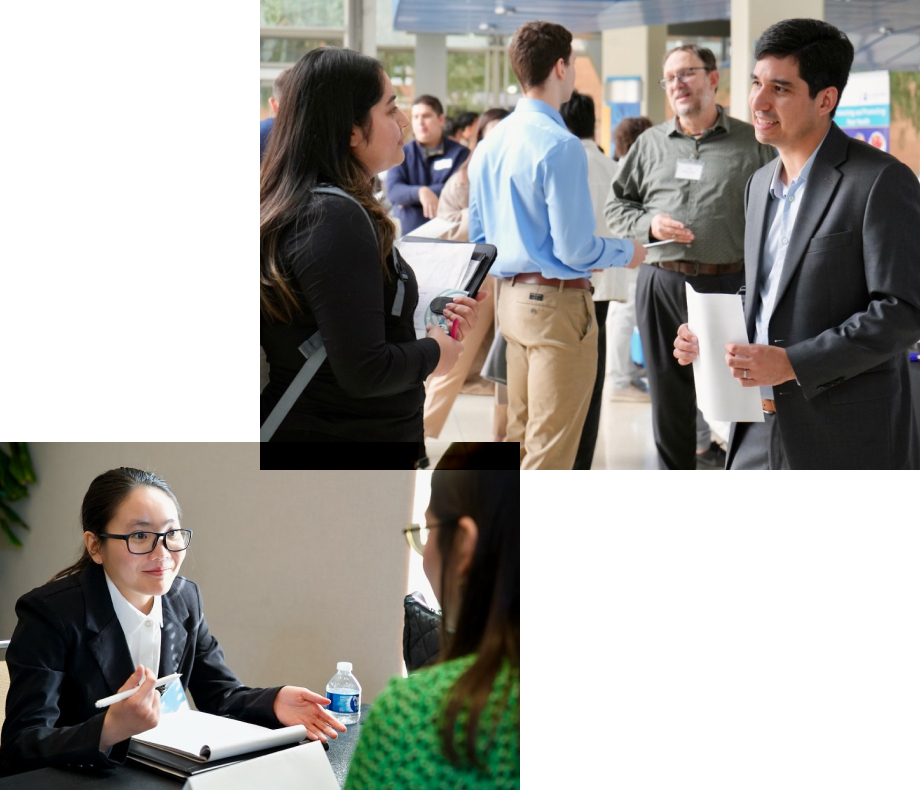 A collage of career expo and a woman doing an job interview.